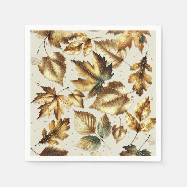 Gold Leaves Almond Beige Glam Fall Wedding Napkin (Front)