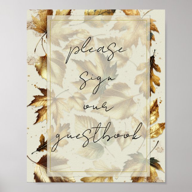 Gold Leaves Almond Beige Wedding Guestbook Sign (Front)