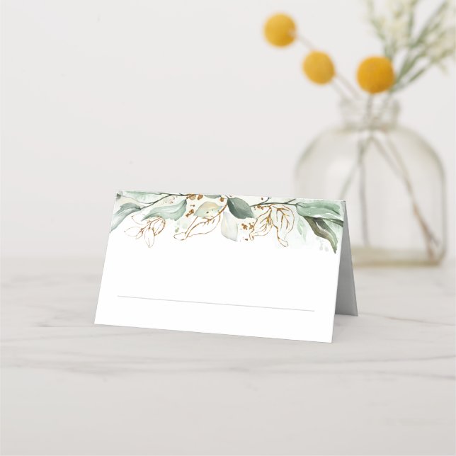 Gold Leaves and Eucalyptus Greenery Wedding Place Card (Front)