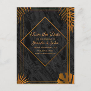 Gold Leaves and Geometric Frame Save the Date Announcement Postcard