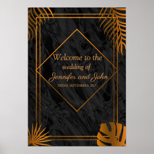 Gold Leaves and Geometric Frame Tropical Wedding Poster