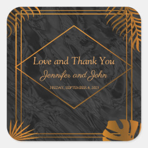 Gold Leaves and Geometric Frame Tropical Wedding Square Sticker
