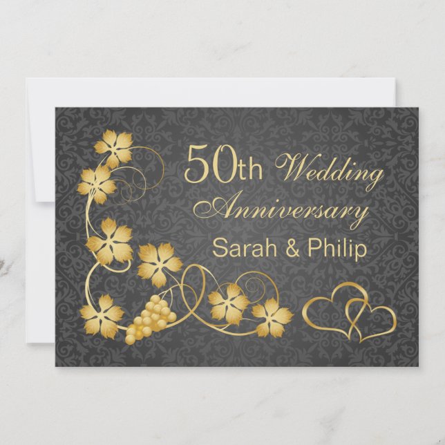 Gold leaves and joined hearts 50th Anniversary Invitation (Front)