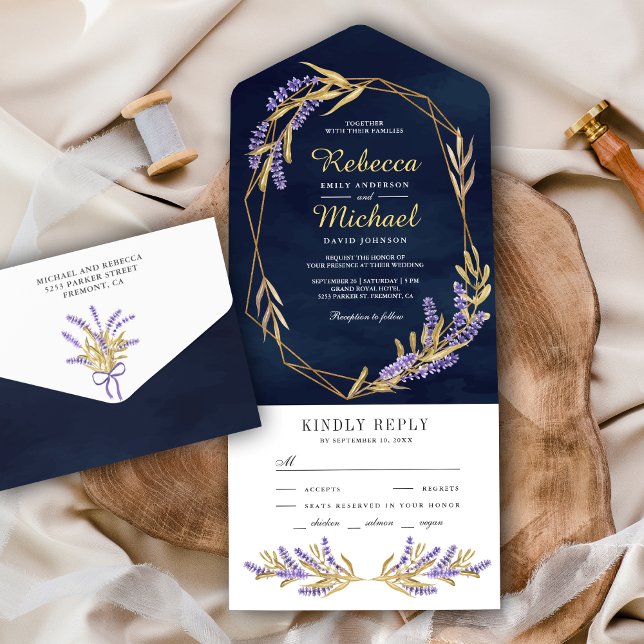 Gold Leaves and Lavender Floral Navy Blue Wedding All In One Invitation (Creator Uploaded)