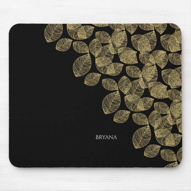 Gold Leaves Black Autumn Elegance Mouse Pad (Front)