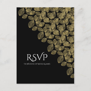 Gold Leaves Black Autumn Elegance Wedding RSVP Invitation Postcard