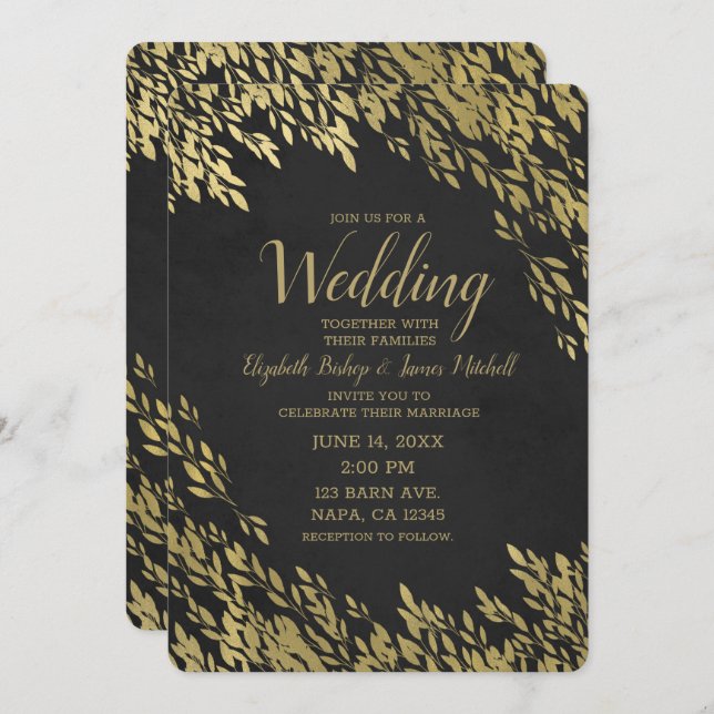 Gold Leaves & Black Chalk Chic Rustic Wedding Invitation (Front/Back)