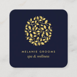 Gold leaves  Blue   wellness spa massage yoga Square Business Card