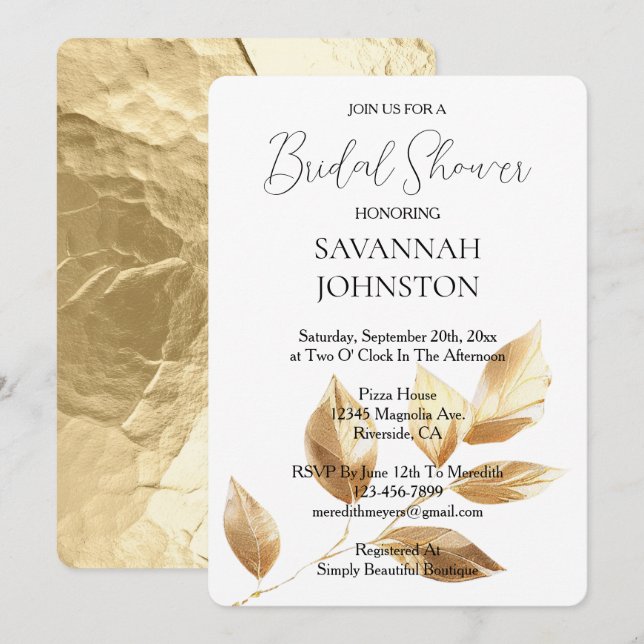 Gold Leaves Bridal Shower  Invitation (Front/Back)