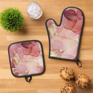 Gold Leaves Burgundy Blush Pink  Oven Mitt & Pot Holder Set