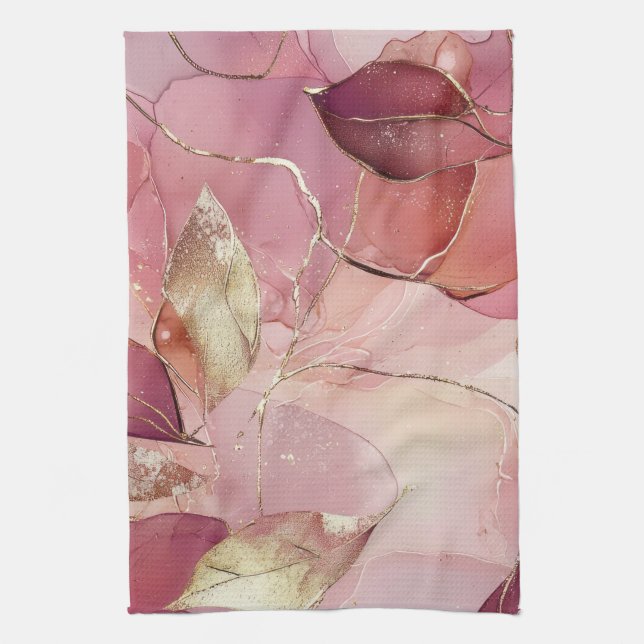 Gold Leaves Burgundy Blush Pink  Tea Towel (Vertical)