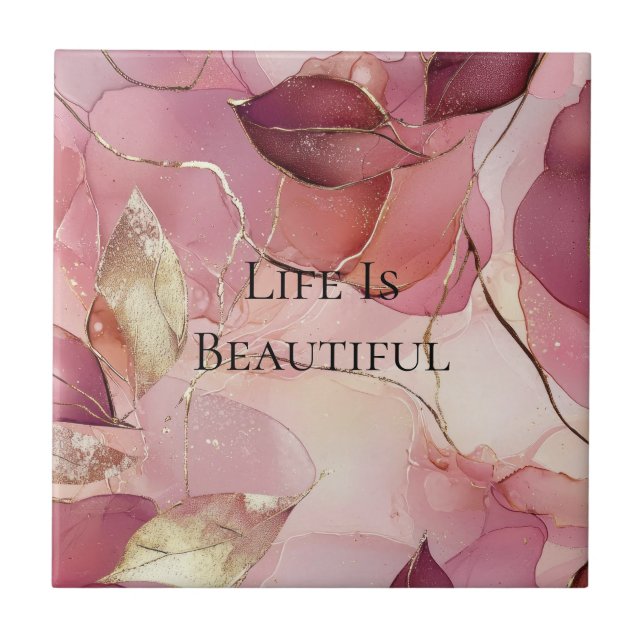 Gold Leaves Burgundy Blush Pink  Tile (Front)