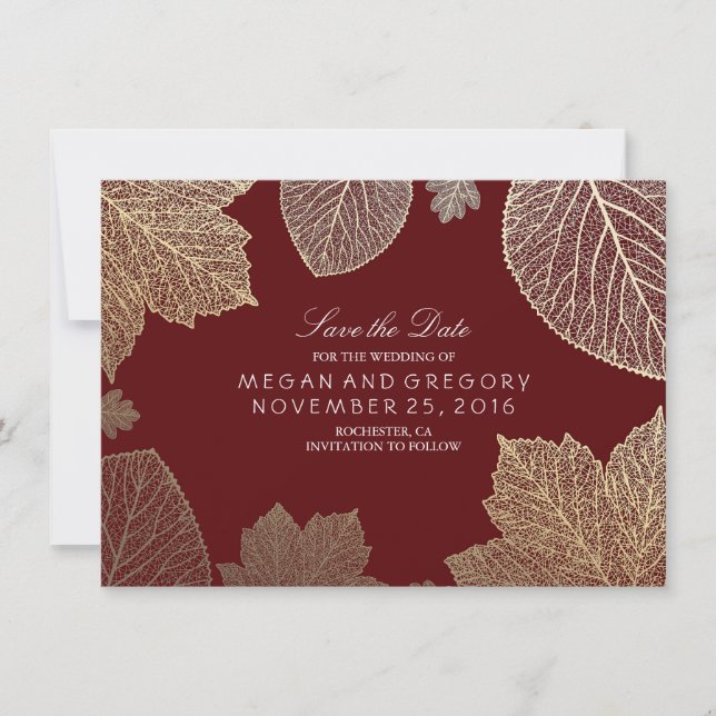 Gold Leaves Burgundy Marsala Save the Date (Front)