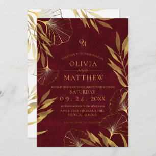 Gold Leaves / Burgundy Wedding Invitation
