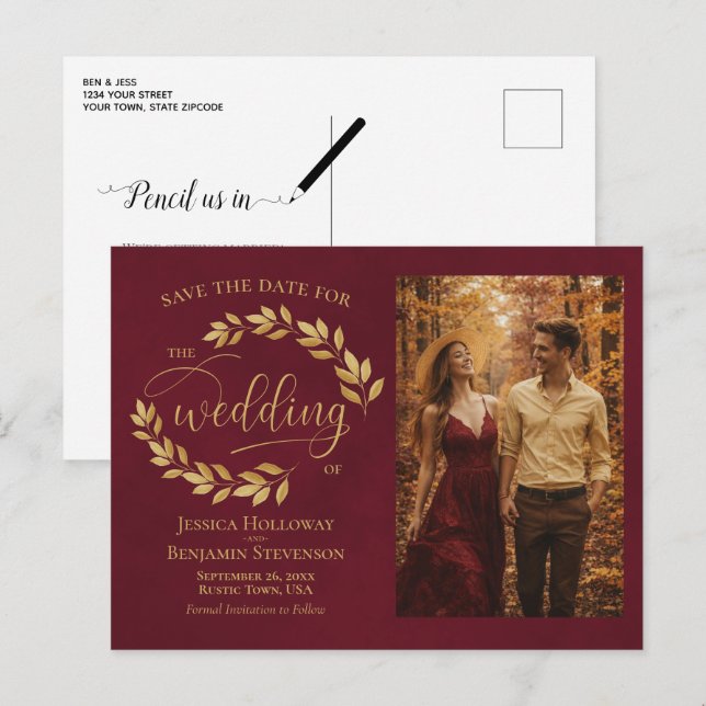 Gold Leaves Burgundy Wedding Save the Date Photo Announcement Postcard (Front/Back)