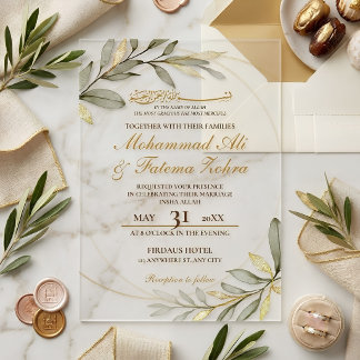 Gold Leaves Elegance Muslim Wedding Nikah Acrylic Invitations