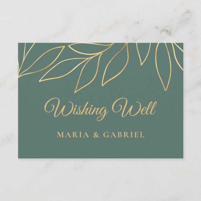 Gold leaves. Elegant green wedding wishing well Enclosure Card (Front)