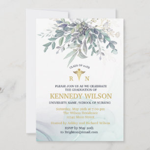 Gold Leaves Eucalyptus Nursing School Graduation I Invitation