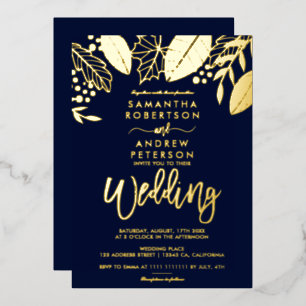 Gold leaves fall typography navy blue wedding 