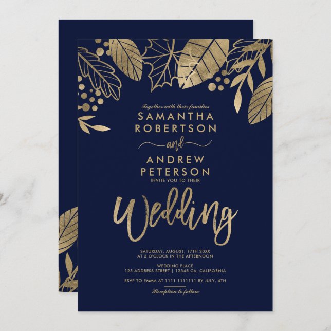 Gold leaves fall typography navy blue wedding invitation (Front/Back)