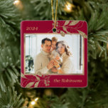 Gold Leaves Family Photo Red Christmas  Ceramic Ornament<br><div class="desc">Modern Elegant Calligraphy Red and Gold Family Photo Collage Merry Christmas Script Ceramic Ornament. This festive photo holiday Ornament features a pretty faux gold botanical gold leaves with berries, family name and year in gold on red colour background. Cute nice keepsake for your family and friends in Christmas Holiday season....</div>