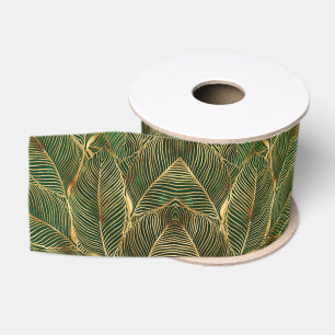 Gold Leaves Forest Green Elegant Pattern Grosgrain Ribbon