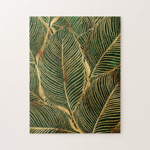 Gold Leaves Forest Green Elegant Pattern Jigsaw Puzzle