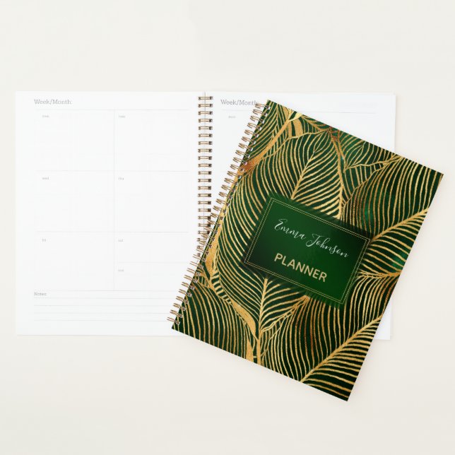 Gold Leaves Forest Green Elegant Pattern  Planner (Display)