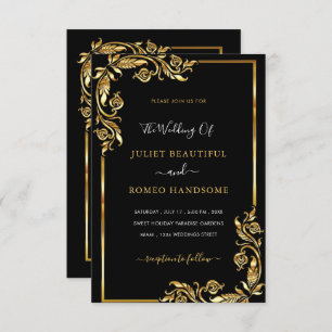 Gold Leaves Frame Black Elegant Wedding Invitation
