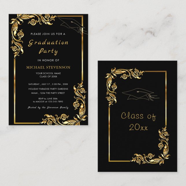 Gold Leaves Frame Graduation Party Invitation (Front/Back)