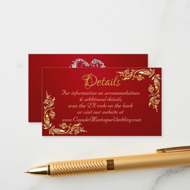 Gold Leaves Frame on Crimson Red, QR Code Enclosure Card (Front/Back In Situ)