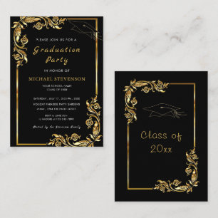Gold Leaves Framed Graduation Invitation