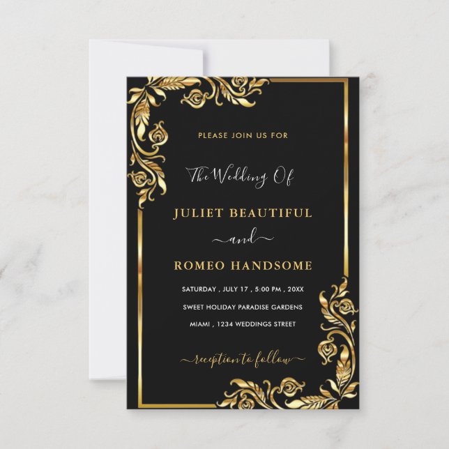 Gold Leaves Framed Modern Black Wedding Invitation (Front)