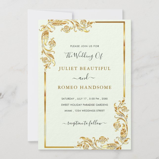 Gold Leaves Framed Modern Wedding Invitations (Front)