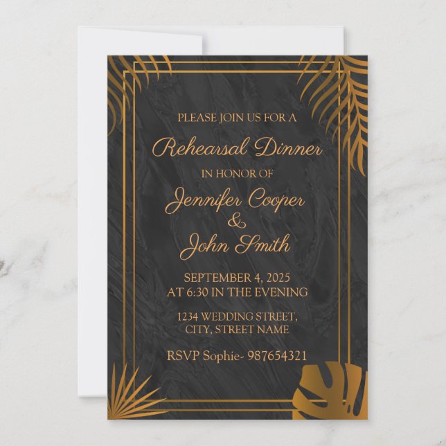 Gold Leaves Geometric Frame Rehearsal Dinnar Invitation (Front)