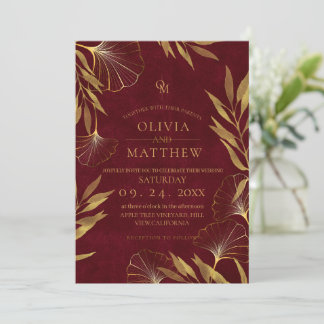 Gold Leaves / Gold and Burgundy Wedding Invitation