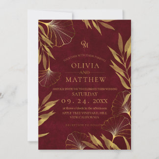 Gold Leaves / Gold and Burgundy Wedding Invitation