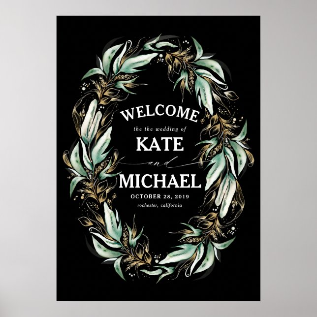 Gold Leaves Greenery Black Wedding Welcome Poster (Front)