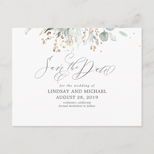 Gold Leaves Greenery Boho Save the Date Postcard (Front)