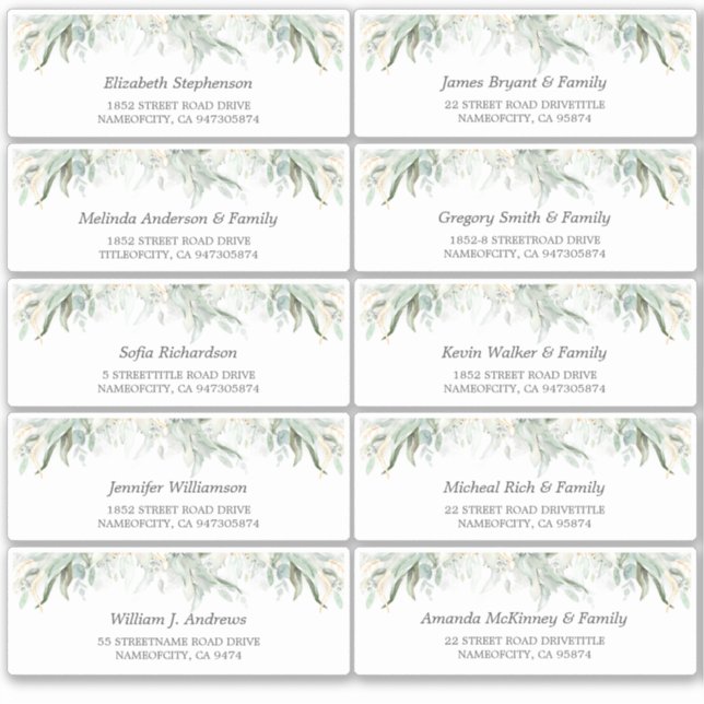 Gold Leaves Greenery Guest Names Address Labels (Front)