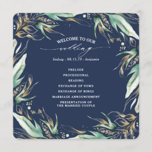 Gold Leaves Greenery Navy Blue Wedding Programme