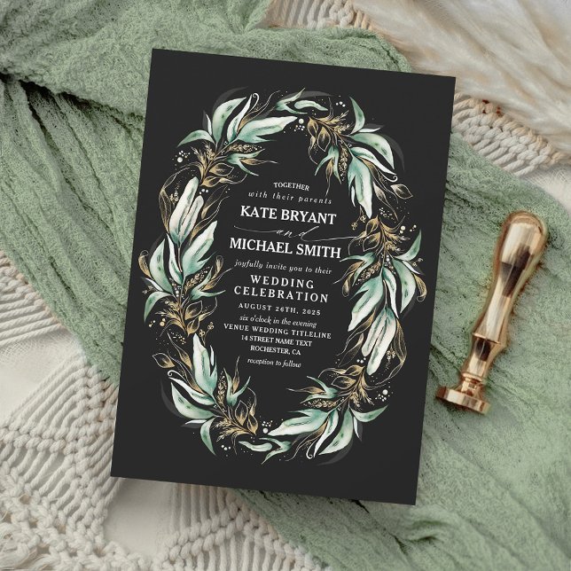 Gold Leaves Greenery Wreath Black Modern Wedding Invitation (Creator Uploaded)