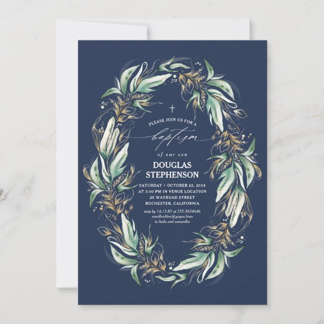 Gold Leaves Greenery Wreath Navy Blue Baptism Invitation (Front)