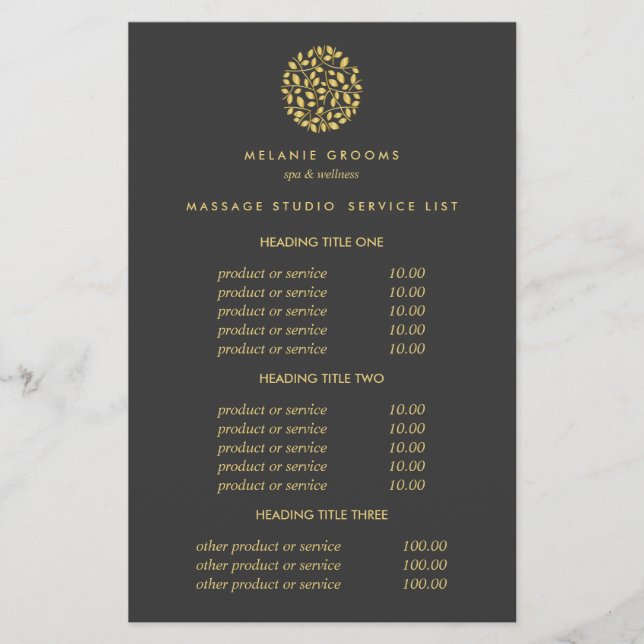 Gold leaves Grey Spa & Massage  Pricing & Services Flyer (Front)