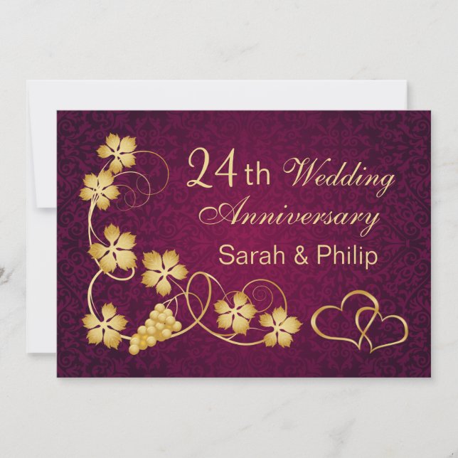 Gold leaves, hearts 24th Wedding Anniversary Invitation (Front)