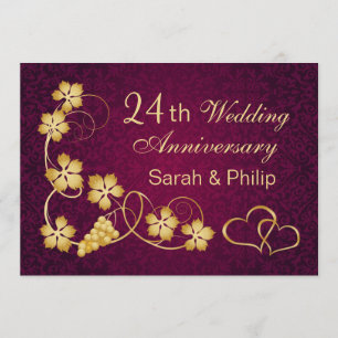 Gold leaves, hearts 24th Wedding Anniversary Invitation
