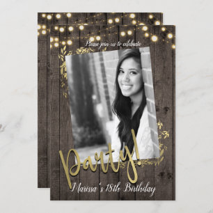 Gold Leaves Lights Rustic Dark Wood Birthday Party Invitation