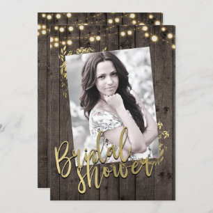 Gold Leaves Lights Rustic Dark Wood Bridal Shower Invitation