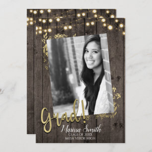 Gold Leaves & Lights Rustic Dark Wood Graduation Invitation