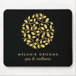 Gold leaves logo Black| Personalised add your name Mouse Pad<br><div class="desc">Elegant business cards for massage studios, massage therapy, spas or wellness professionals feature a faux gold foil round arrangement of branches and leaves, Customise the front with two lines of custom text on modern black background using the template. A chic design for any wellness industry or holistic health related profession...</div>